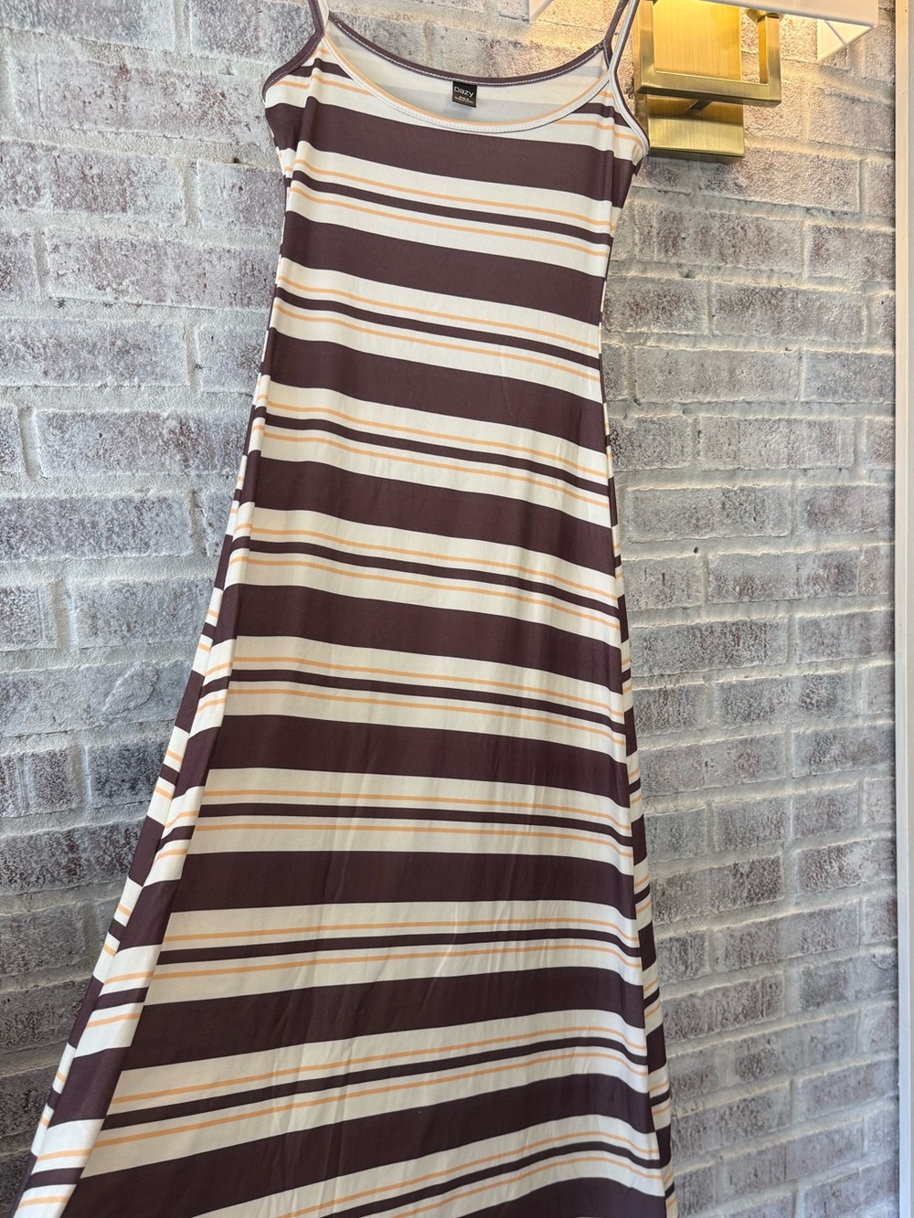 Striped Spaghetti-Strap Maxi Dress in Brown and Cream